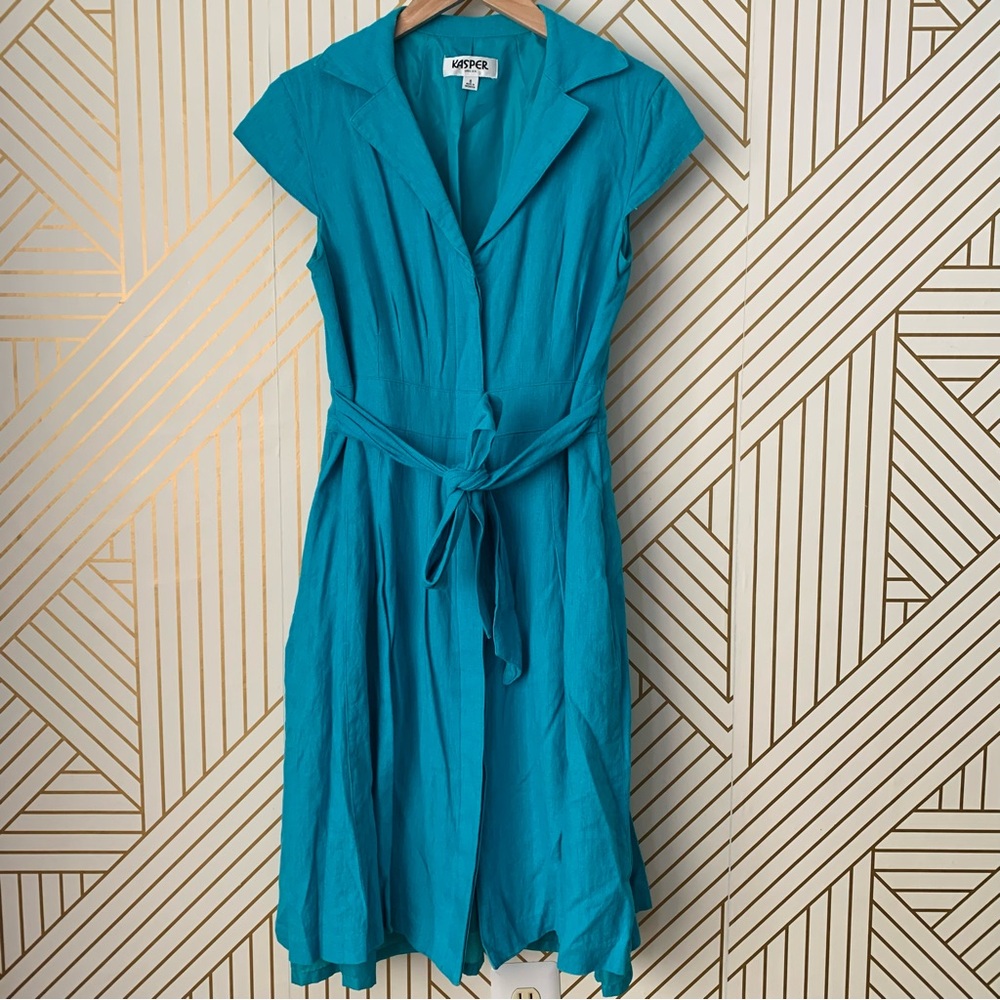 Kasper Retro Linen blend Pleated A line Dress pockets belted belt cap sleeves 6